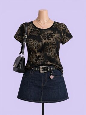 Vintage Y2K Western Connection Black Gold Floral Top Size M Whimsygoth Grunge